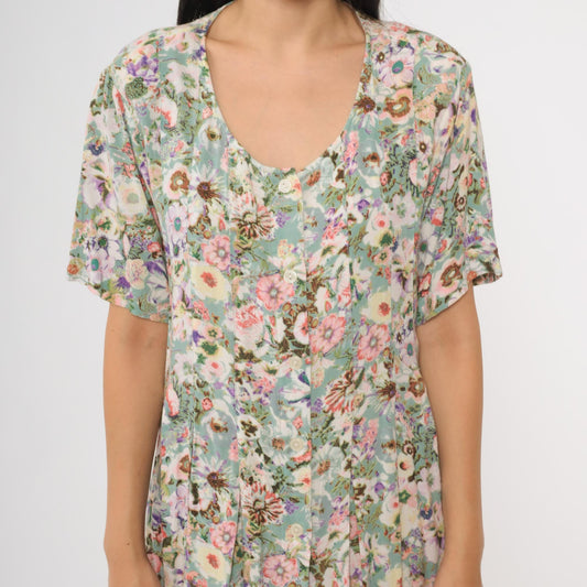 Y2K Floral Maxi Dress Sleeveless Scoop Neck Pink Green Botanical Rayon Medium