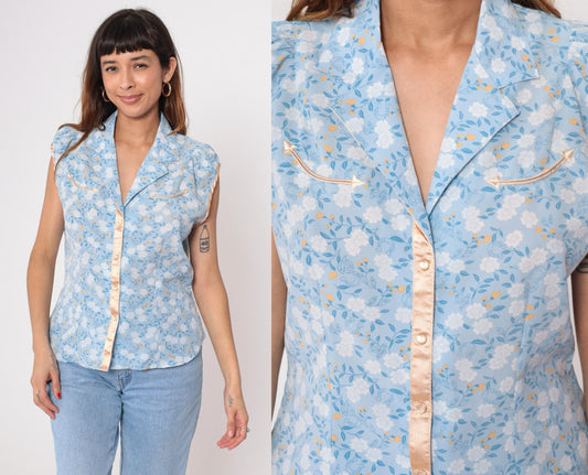 Y2K Shyanne Western Sleeveless Blouse Blue Floral Pearl Snap Large L