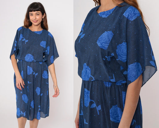 90s Navy Floral Midi Dress Positive Attitude Kimono Sleeve Small