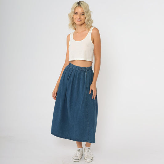 80s Calvin Klein Medium Blue Denim Midi Skirt High Waisted Pleated A-Line Small