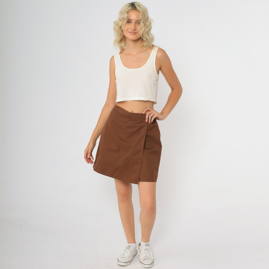 80s Girl Scouts Chocolate Brown Wrap Mini Skirt Elastic Waist Small