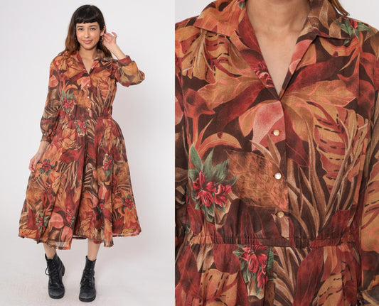 80s Brown Tropical Leaf Midi Dress Button Down Long Sleeve Medium