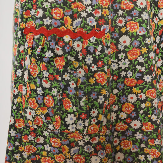70s Floral Prairie Skirt Tiered Ruffle Midi Black Red Rickrack Small