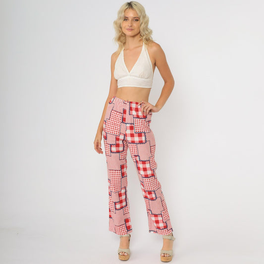 70s Patchwork Pants Red Gingham Check High Rise Wide Leg Cotton Extra Small XS