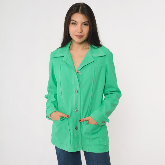 70s Bright Green Shacket Button-Up Shirt Jacket Long Sleeve Small S