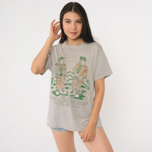 80s Hunting Joke Graphic T-Shirt Screen Stars Cartoon Tee Grey Medium