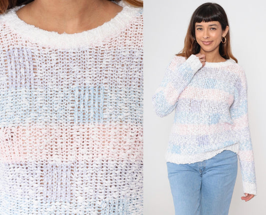 80s Striped Popcorn Knit Sweater Baby Pink Blue Purple Puff Sleeve Small