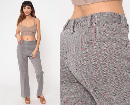 70s Grey Plaid Straight Leg Trousers High Waisted Checkered Cotton Blend Medium M