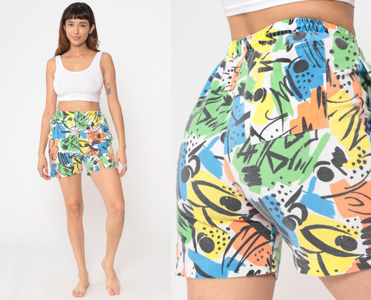 90s Abstract Print High Waisted Wide Leg Shorts Colorful Small S