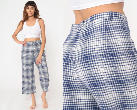 70s Jantzen Gingham Pants Blue White Checkered High Waisted Wide Leg Cropped Medium
