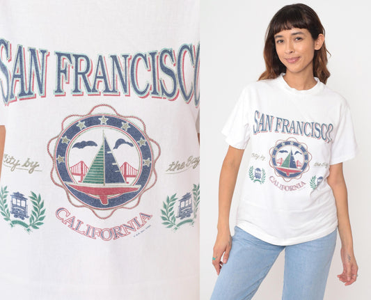 90s San Francisco Cable Car White Graphic T-Shirt Cotton Medium M
