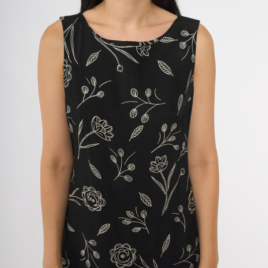 90s Campbell Black Maxi Dress Botanical Line Drawing Rayon Small