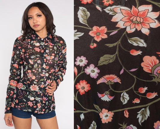 70s Rina California Black Floral Blouse Long Sleeve Botanical Print Small