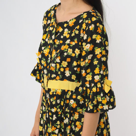 70s Lazy U Black Floral Maxi Dress Bell Sleeve Yellow Bow Large