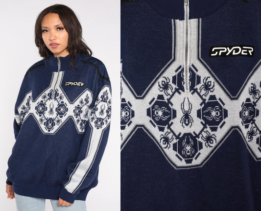 Y2K Spyder Ski Sweater Navy Blue White Geometric Half Zip Knit Extra Large XL