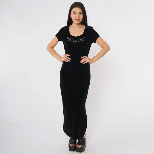 90s Danielle Casey Black Velvet Maxi Dress Embroidered Floral Scoop Neck Small 6