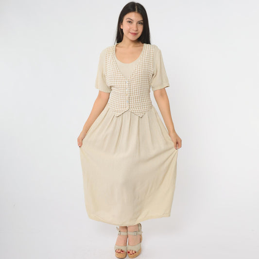 90s Ultra Dress Tan Gingham Maxi Dress Button Front Vest Set Large 12