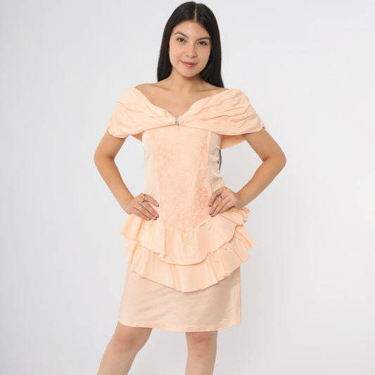 80s Peach Off-Shoulder Ruffle Peplum Dress Rhinestone Detail Small S