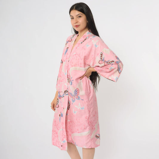 80s Pink Butterfly Peony Floral Cotton Kimono Robe Wrap Belt Tie Small