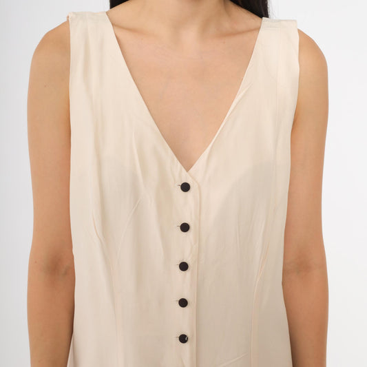 90s Cream Maxi Dress Button Front Deep V Neck Sleeveless Large L