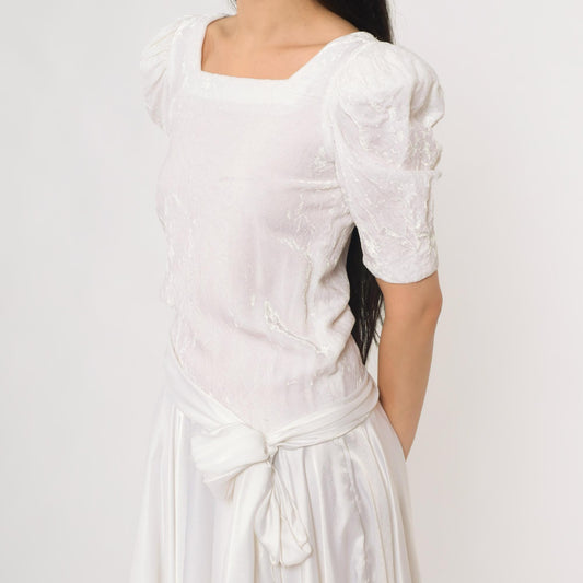 80s White Puff Sleeve Dress Square Neck Wrap Bodice Handkerchief Hem Extra Small XS