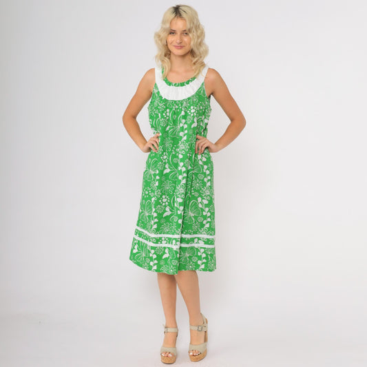 90s Anthony Richards Green Floral Midi Dress Butterfly Ruffle Trim Medium