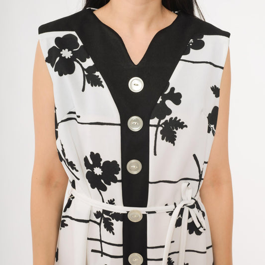 70s Prissy Black White Floral Botanical A-Line Dress Button Front Extra Large XL
