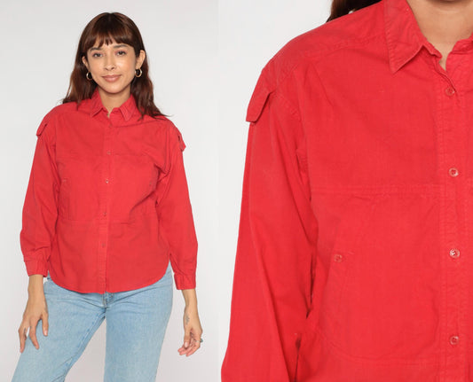 90s Jozell II Red Cotton Button-Up Shirt Shoulder Tabs Medium