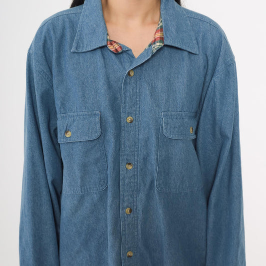 90s Scandia Woods Denim Shirt Flannel Lined Blue Button Down Large L