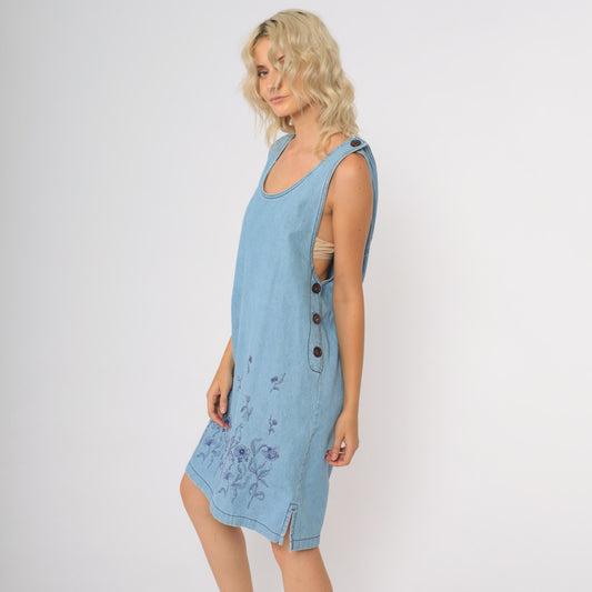 90s Monique Fashions Denim Jumper Dress Light Blue Floral Embroidered Midi Medium