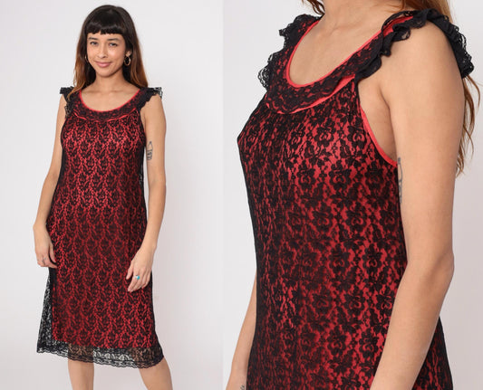 80s Red Black Lace Slip Dress Midi Sleeveless Scoop Neckline Medium M