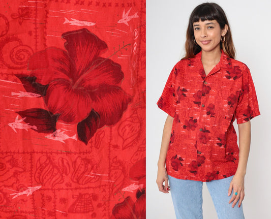 70s Hawaiian Shirt Red Floral Hibiscus Fish Print Cotton Button Up Medium
