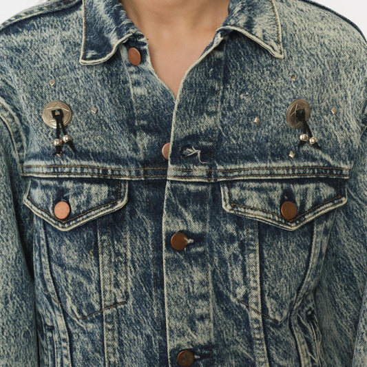 90s Bristol Blues Acid Wash Denim Jacket Painted Southwest Adobe Pueblo Small