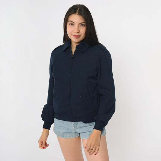 Y2K Navy Bomber Jacket Wool Blend Zip Front Ribbed Cuffs Small S