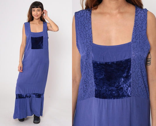Y2K Purple Velvet Maxi Dress Milieu Sleeveless Empire Waist Large L