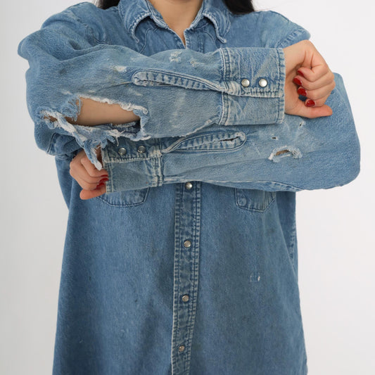 90s Osh Kosh Light Blue Denim Shirt Snap Button Western Medium