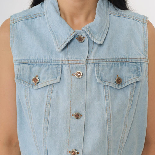 90s Faded Glory Light Wash Denim Vest Button Front Pointed Collar Large L