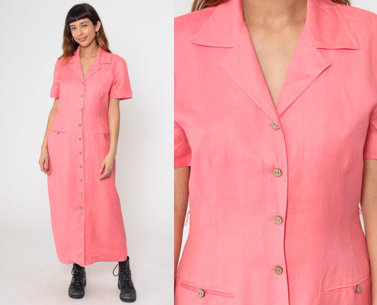 Y2K Coral Pink Linen Shirt Dress Dress Barn Button Front Maxi Large L