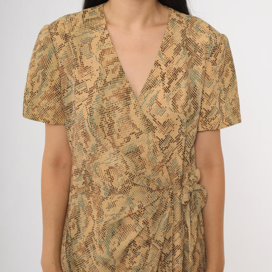 90s Talbots Snake Print Wrap Dress Short Sleeve V-Neck Beige Brown Medium