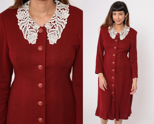 80s Lourejann Burgundy Midi Dress Peter Pan Collar Lace Small