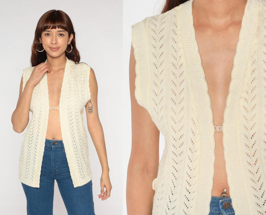 70s St Michael Cream Crochet Knit Vest Open Front Sleeveless Small