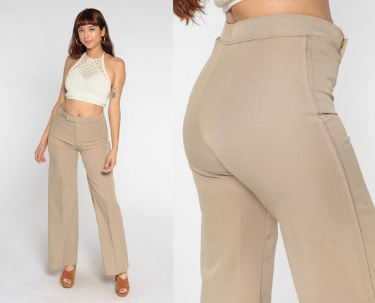 70s Tan Straight Leg Pants Low Rise Vintage Trousers Medium