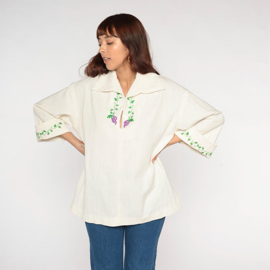 70s Cream Peasant Blouse Purple Grape Embroidery Bell Sleeves Large L