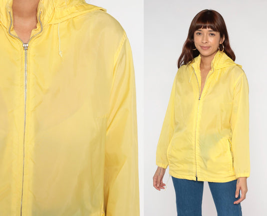 80s Yellow Nylon Hooded Windbreaker Jacket Zip-Up Medium M