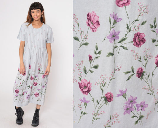 90s Miss Dorby Grey Floral Midi Dress Pink Purple Pleated Linen Large L