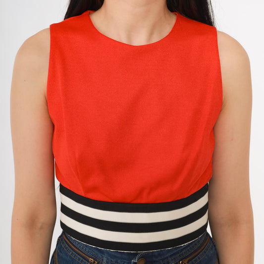 70s Red Orange Tank Top Striped Waistband Cropped Sleeveless Extra Small 2XS