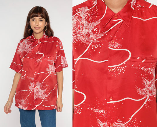 70s Tori Richard Red Koi Fish Hawaiian Shirt Button Front Large L