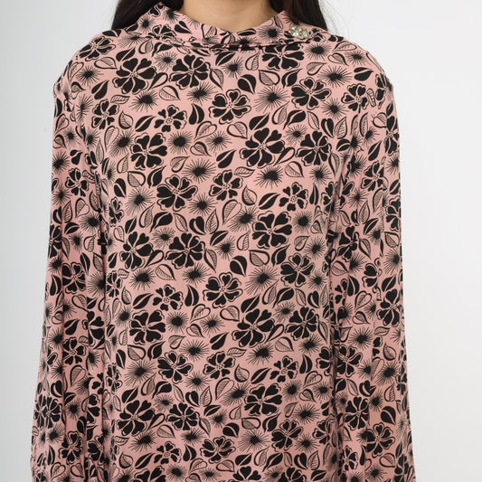 60s Pink Floral Mod Mini Dress Long Sleeve A-Line Shift Large L
