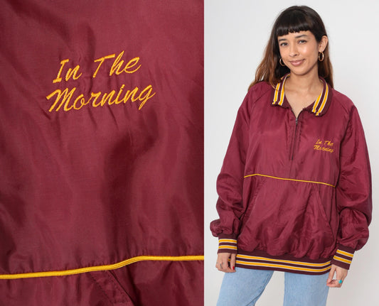 90s HITZ Radio Station Windbreaker Burgundy Yellow Stripe Quarter Zip XXL