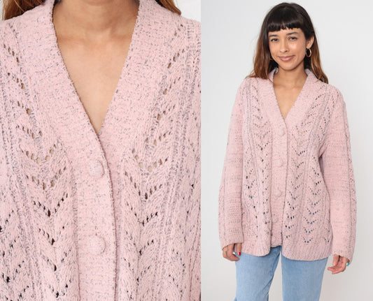 90s Pink Pointelle Cardigan Button-Up V-Neck Knit Plus Size 1X